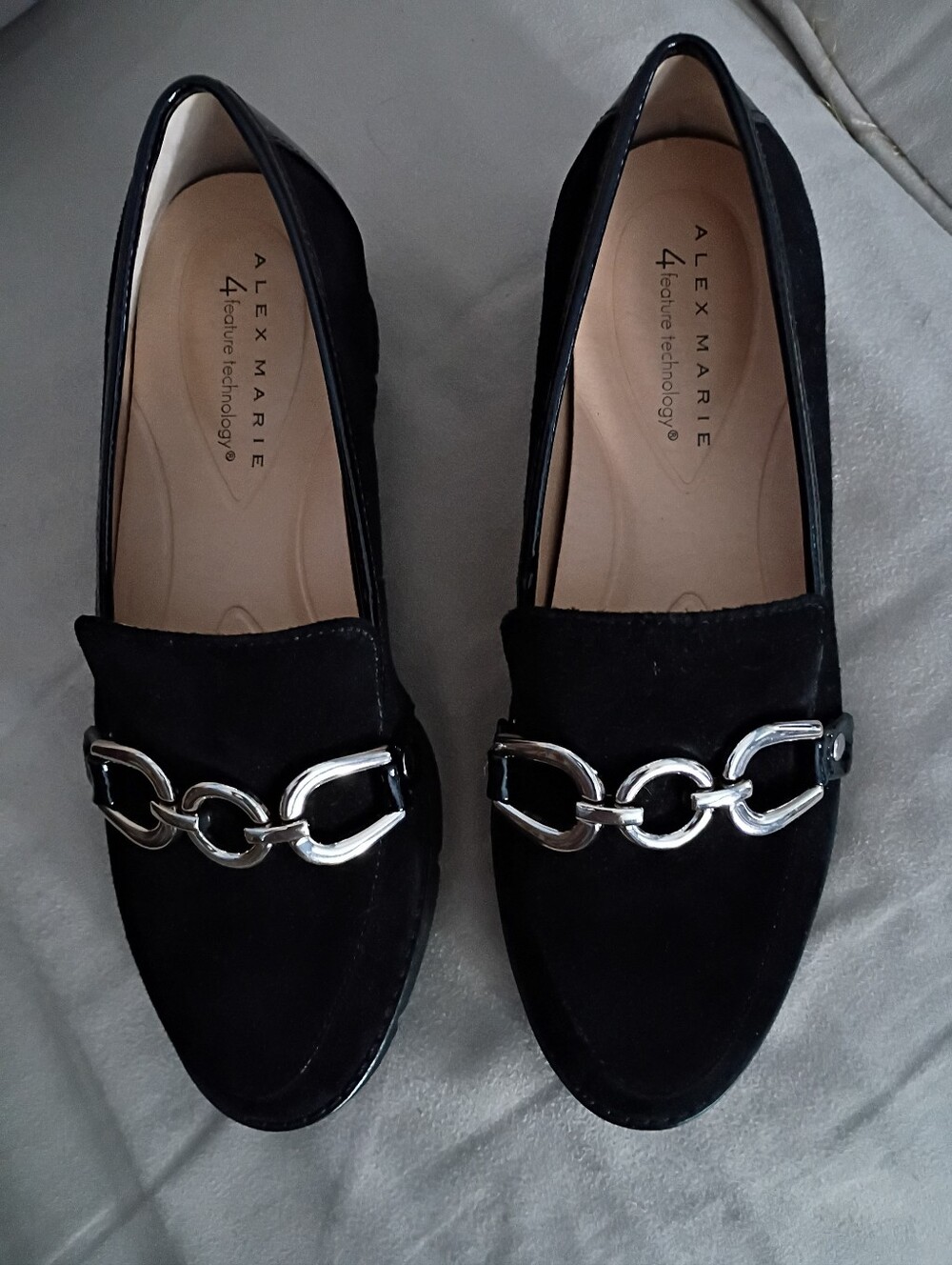 Alex Marie Black Suede Loafers with Silver Chain Hardware - Size 5.5
